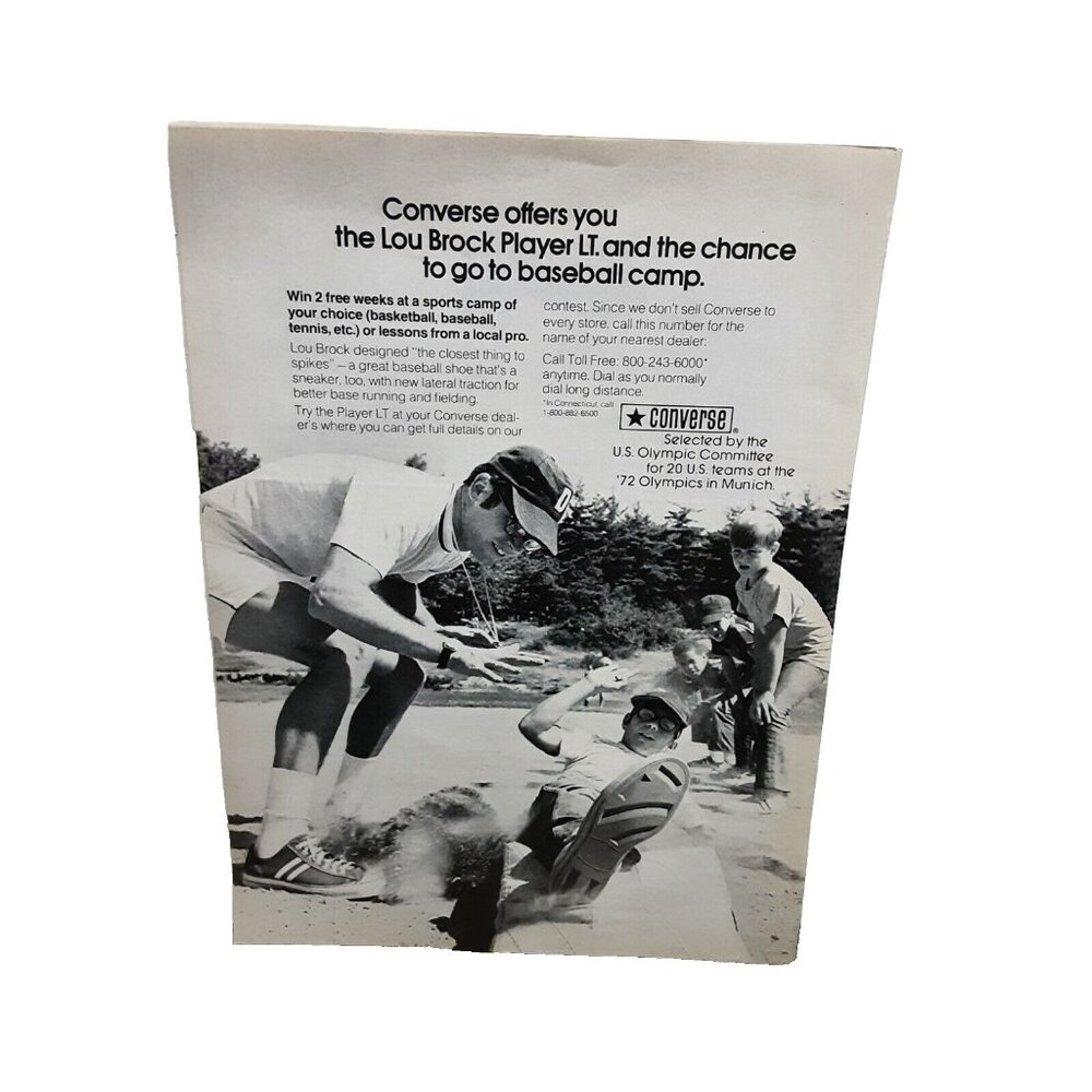 1972 Converse Lou Brock Player LT Baseball Shoes Original Print ad 70s